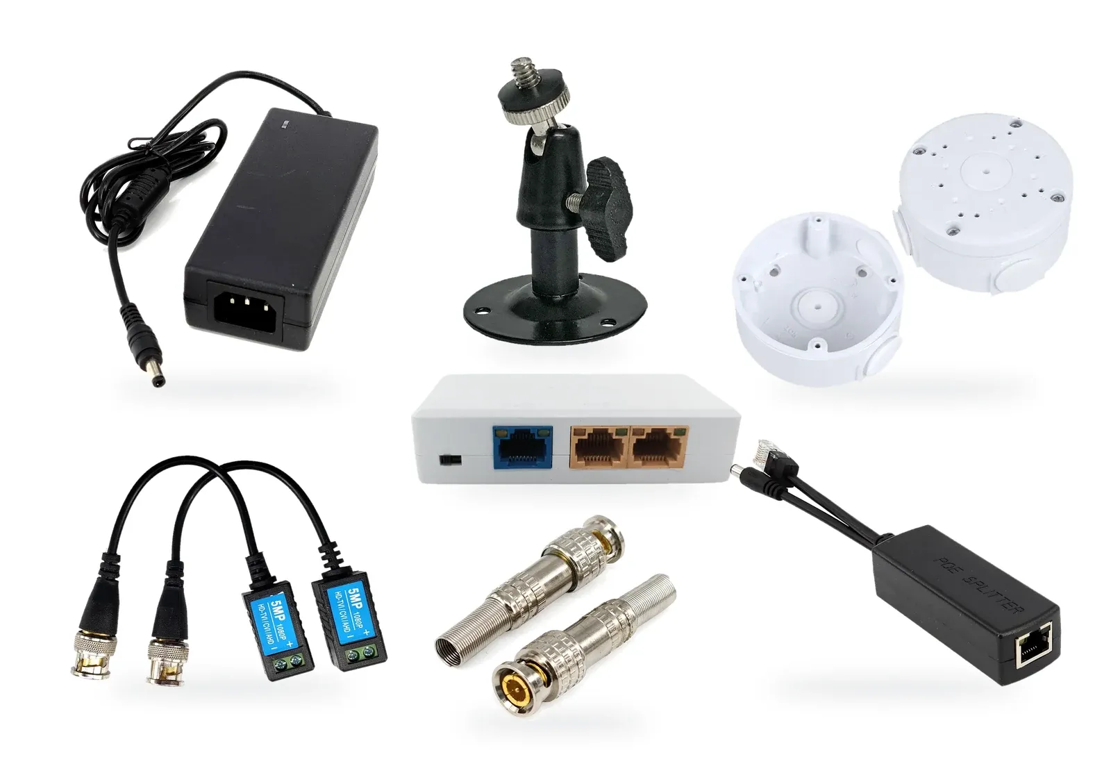 SecuParts product range: power adapter, camera bracket, junction boxes, PoE extender, video baluns, BNC connectors and PoE splitter