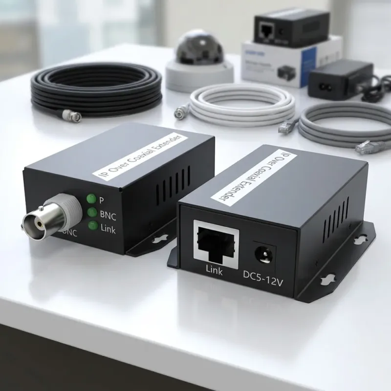 SP-EC303 pair of black metal IP over coax extenders with BNC and RJ45 ports
