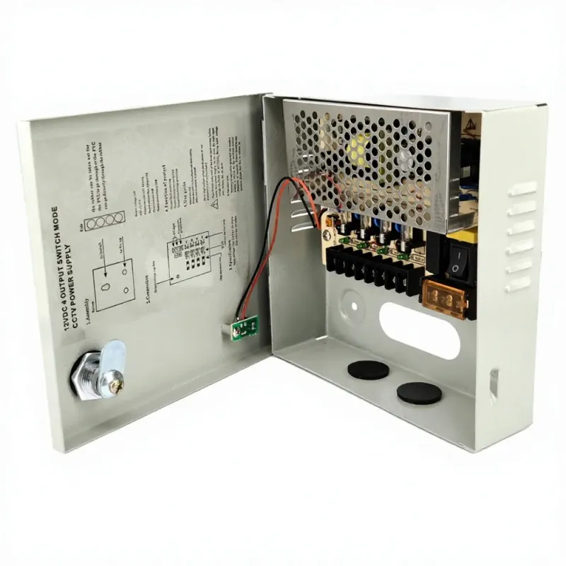SP-PW315 metal CCTV power box with four fused outputs, door open