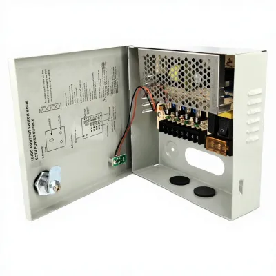 SP-PW315 metal CCTV power box with four fused outputs, door open